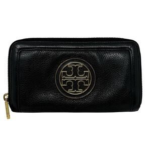 Tory Burch Amanda Zip Continental Wallet Black Pebbled Leather Gold Logo EUC